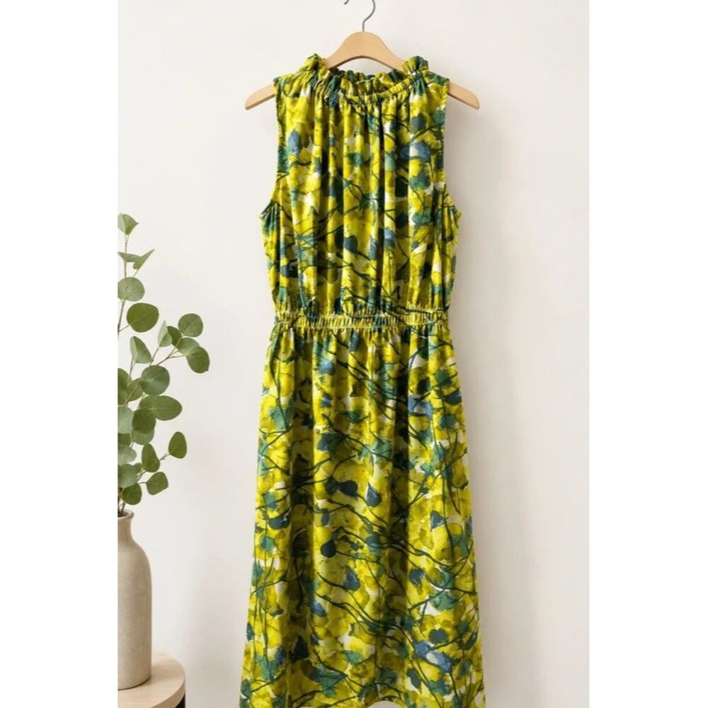 Prologue XS Chartreuse Abstract Floral High Ruffle Neck Midi Dress with Pockets
